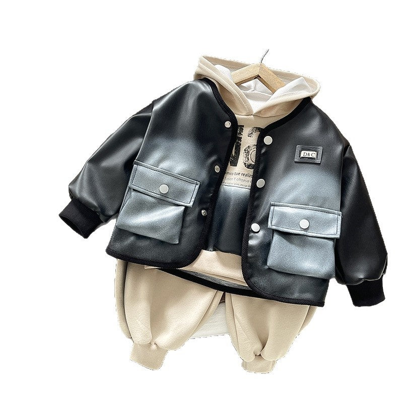 Boys' Outfit 2026 New Fashionable Spring Autumn Clothes for Babies Cool and Stylish Children's Leather Jacket Three-Piece Set