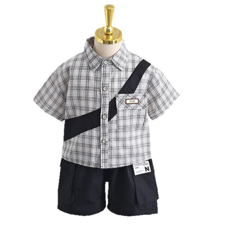 Children's Suit for Boys, 2026 New Style, Baby Patchwork Plaid Short-Sleeve Shirt Two-Piece Set, Lightweight Summer Outfit, Trendy