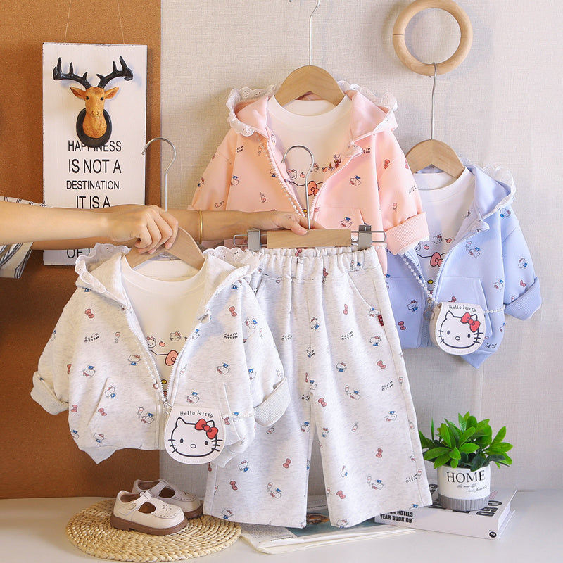 Girls' Spring and Outfit 2026 New Fashionable Girl Three-Piece Set with Kitten Crossbody Bag Trendy Autumn Clothing for Baby Girls
