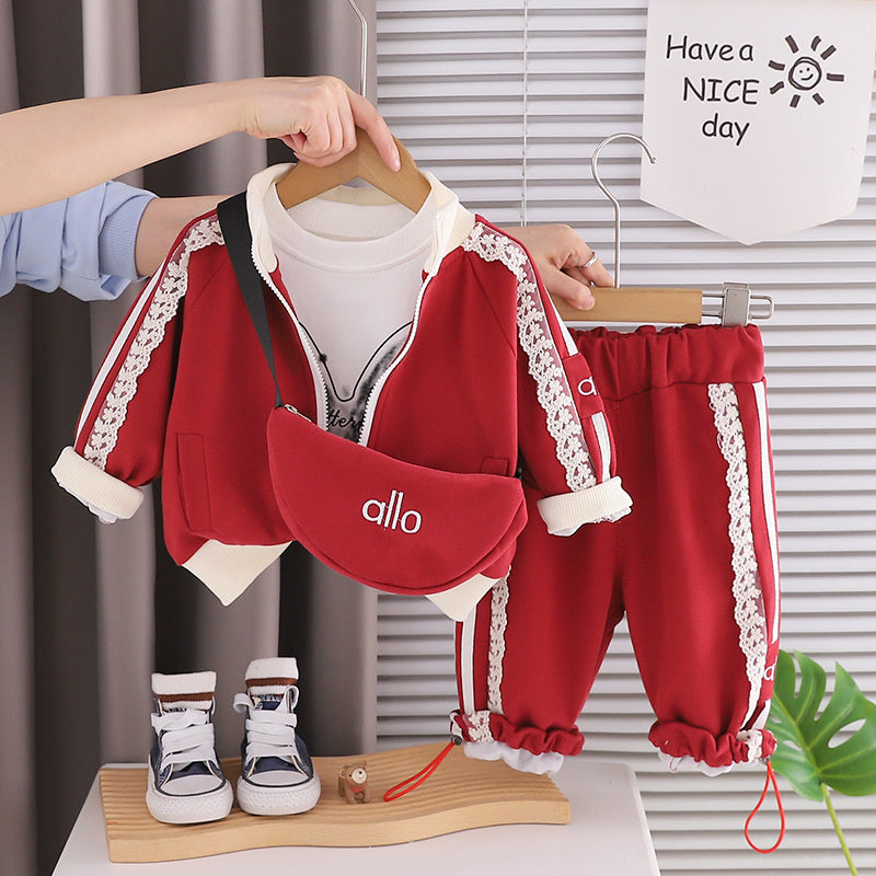 Girls' Spring Outfit Set, Stylish 2026 New Clothes for Girls, Baby Girl's Lace Trim Crossbody Bag Three-Piece Set