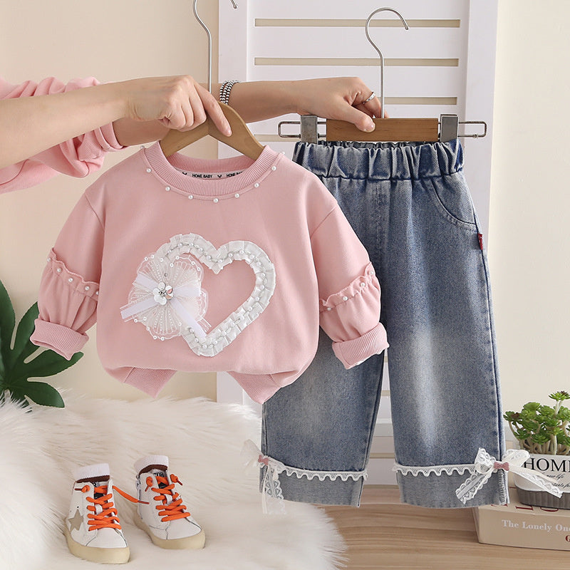 Girls' Outfit 2026 New Fashionable Baby Spring Autumn Heart-Shaped Lace Two-Piece Set for Infants and Girls