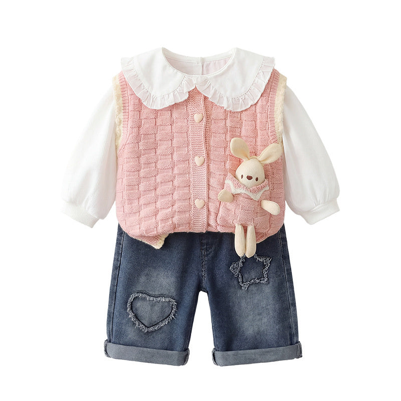 Baby Girl Outfit 2026 New Fashionable Infant Clothes Girls' Spring and Autumn Cartoon Doll Rabbit Sweater Three-Piece Set