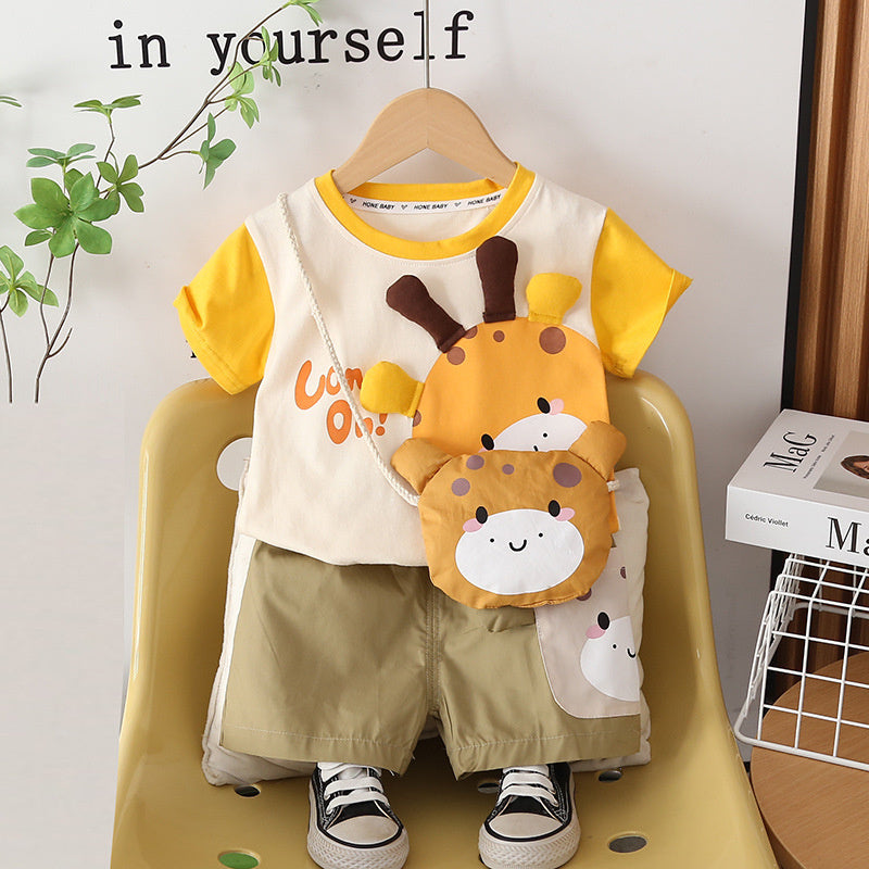 Children's Outfit Set 2026 New Style Boys' Cartoon Bag Short Sleeve Shorts Two-Piece Baby Clothes Summer Trendy