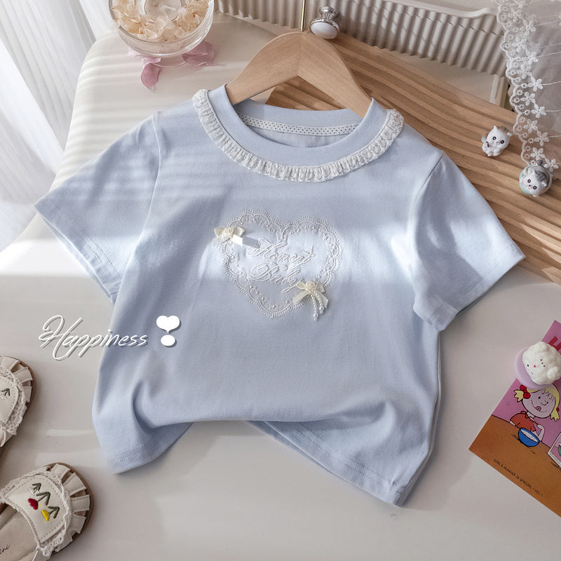 Children's Summer Outfit Girls' Short Sleeve T-Shirt Round Neck Top Lace Cake Skirt Stylish Kids' Two-Piece Set