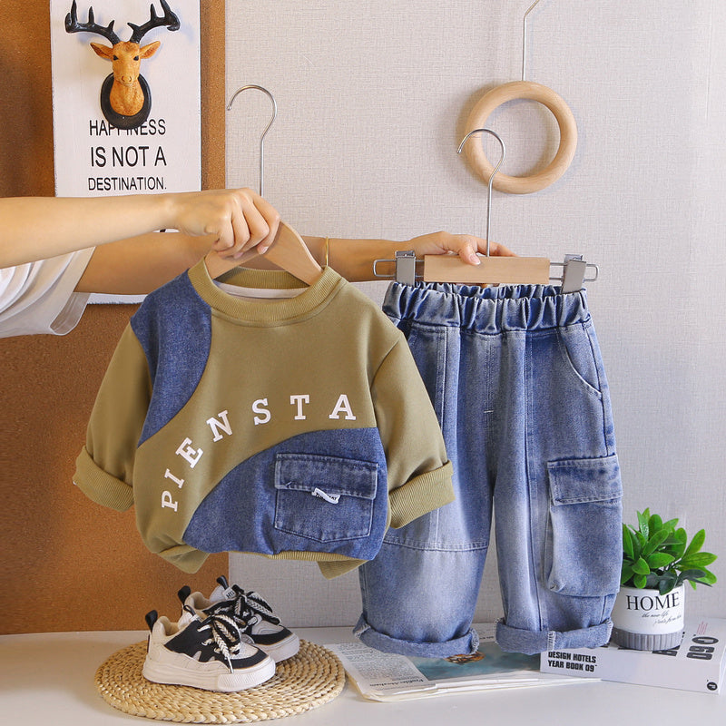 Baby Boy Outfit 2026 New Fashionable Spring and Autumn Clothes for Boys Two-Piece Set with Denim Letter Sweatshirt