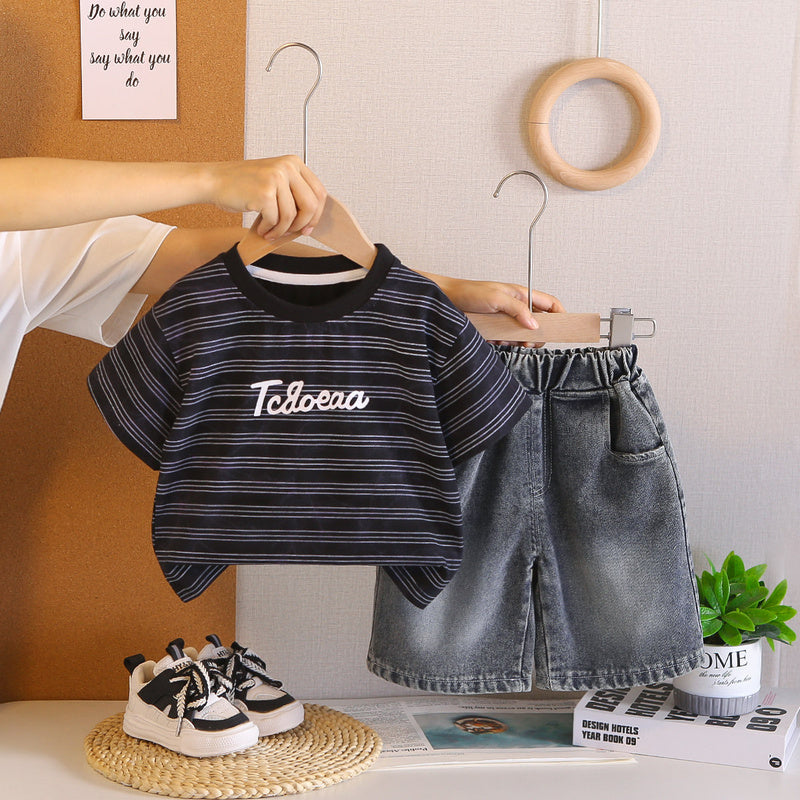 Striped Letter Baby Set for Boys, Children's Summer Stylish Outfit, Trendy T-shirt 2026 New Short Sleeve Clothes
