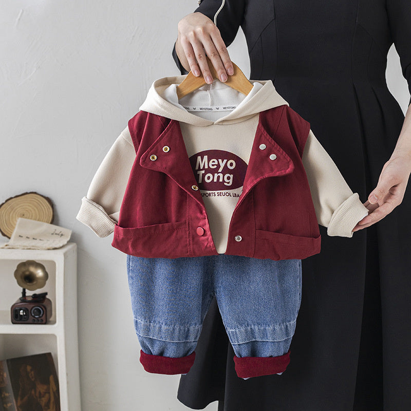 Children's Clothing Outfit Solid Color Letter Hooded Vest Three-Piece Set Spring Autumn Baby Boys Clothes Trendy