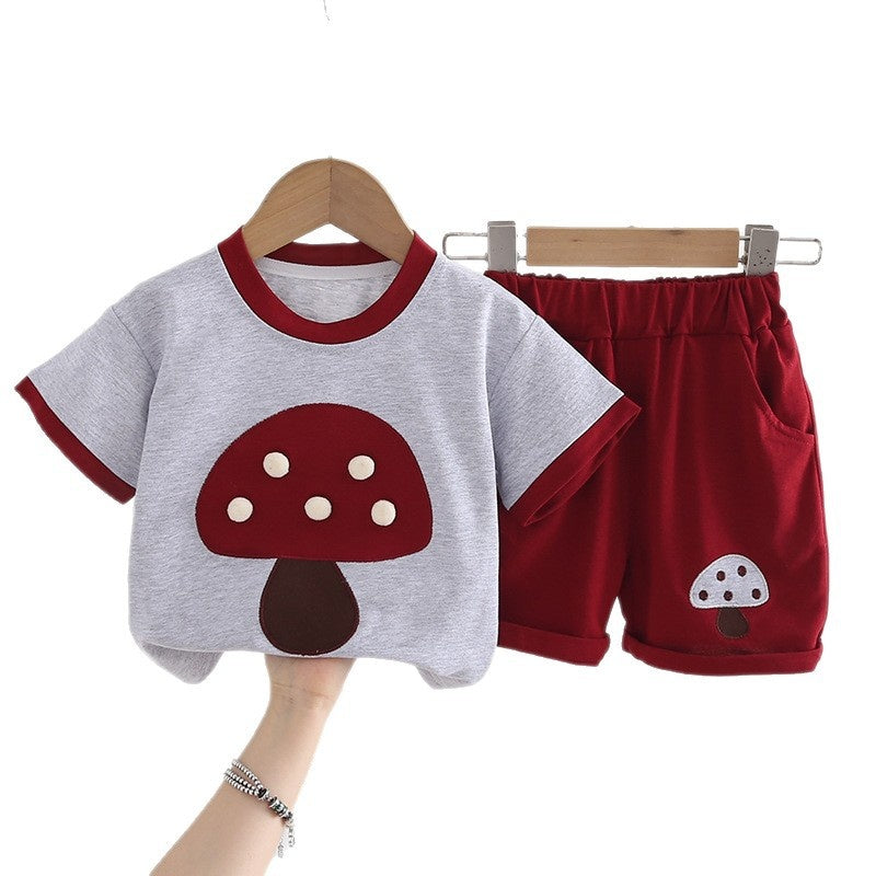 Boys' Outfit 2026 New Style Children's Summer Clothes for Toddlers, Trendy Cute Mushroom Short Sleeve Two-Piece Set