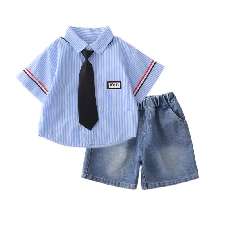 Boys' Outfit 2026 New Style Children's Clothing Summer Fashionable Baby Tie Shirt Short Sleeve Two-Piece Set