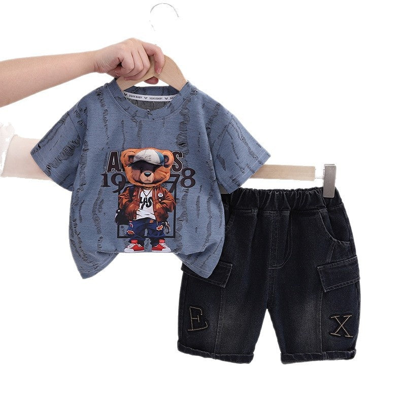 Boys' Summer Short-Sleeve Outfit 2026 New Fashionable Children's Stylish Baby Round-Neck Three-Dimensional Bear Head Two-Piece Set Trendy
