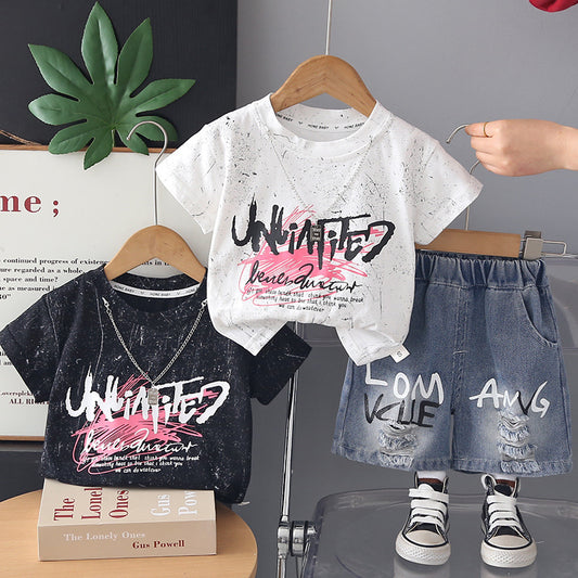 Boys' Outfit 2026 New Children's Graffiti Letter Short Sleeve Summer Clothes Baby Casual Two-Piece Set Trendy