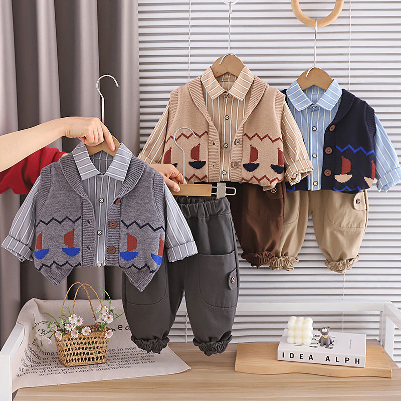 Boys' Outfit 2026 New Children's Sweater Sailing Clothes Stylish Spring Vest Three-Piece Set for Boys