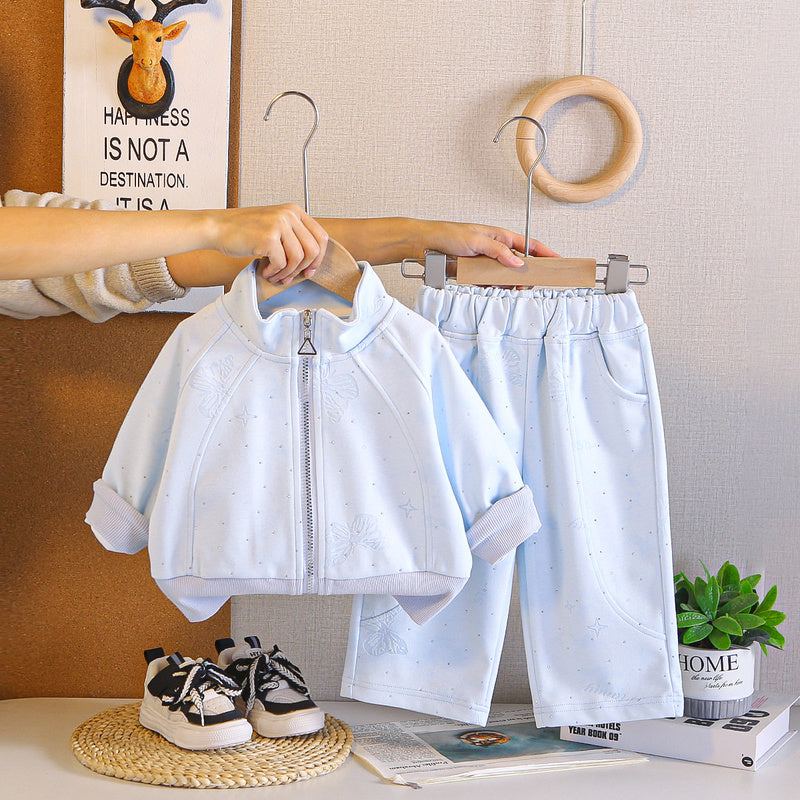 Girls' Spring Outfit 2026 New Fashionable Children's Clothing, Kids' Rhinestone Butterfly Coat, Stylish Two-Piece Set for Baby Girls