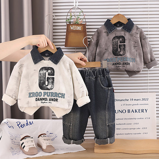 Baby boy's collared sweatshirt spring and autumn set, 0-1 year old infant clothing, 2-piece long-sleeve set for toddlers, stylish