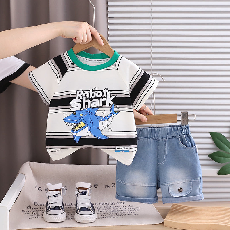 Boys' Summer Short-Sleeve Outfit 2026 New Fashionable Striped Shark Two-Piece Set for Children Trendy Baby Clothes