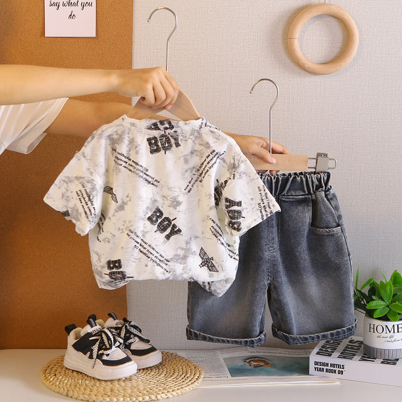 Baby Boy Outfit 2026 New Stylish Ripped Short-Sleeve Two-Piece Set for Boys, Infant Summer Casual Children's Clothing