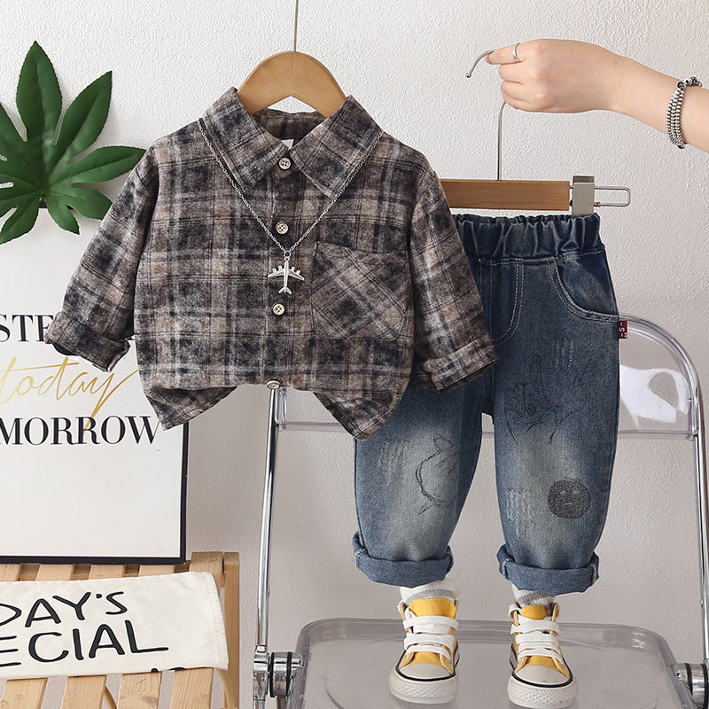 Boys' Outfit 2026 New Style Baby Plaid Shirt Two-Piece Set Stylish Children's Spring and Autumn Clothing Trendy
