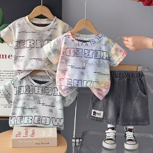 Boys' Outfit: Double-Row Letter Jacquard Short-Sleeve Set, 2026 New Summer Style, Toddler Baby Shorts Two-Piece Trendy Set