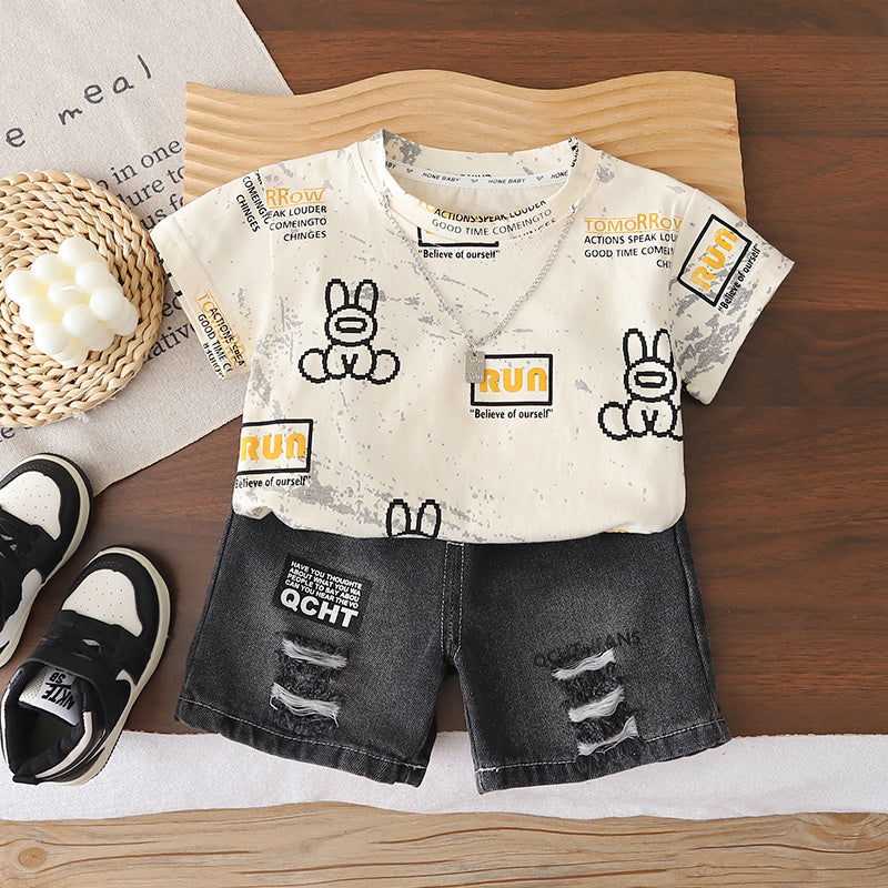 Boys' 2026 New Fashionable Children's Summer Outfit with Letter and Rabbit Print Short-Sleeve Two-Piece Set