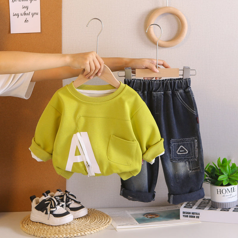 Boys' Spring and Autumn Casual Outfit 2026 Fashionable Baby Large Letter Zipper Sweatshirt New Two-Piece Set
