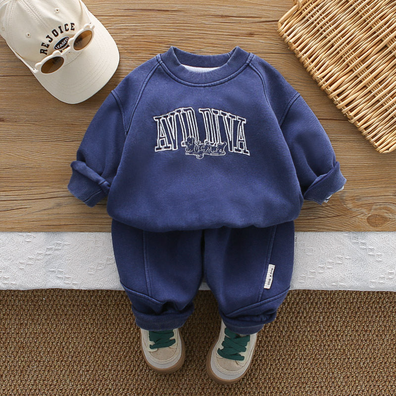 Outfit 2026 New Fashionable Children's Embroidered Letter Sweatshirt Spring and Autumn Boys' Clothes Baby Two-Piece Set