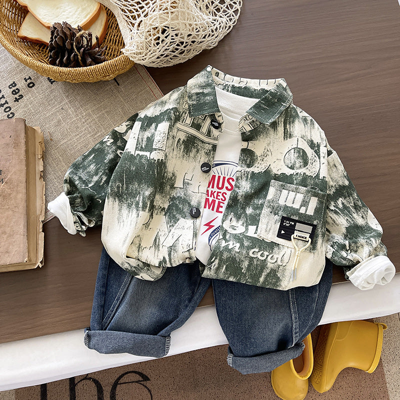 Boys' Suit and Autumn Style Baby Spring 2026 New Fashionable Letter Print Jacket Three-Piece Casual Children's Outfit