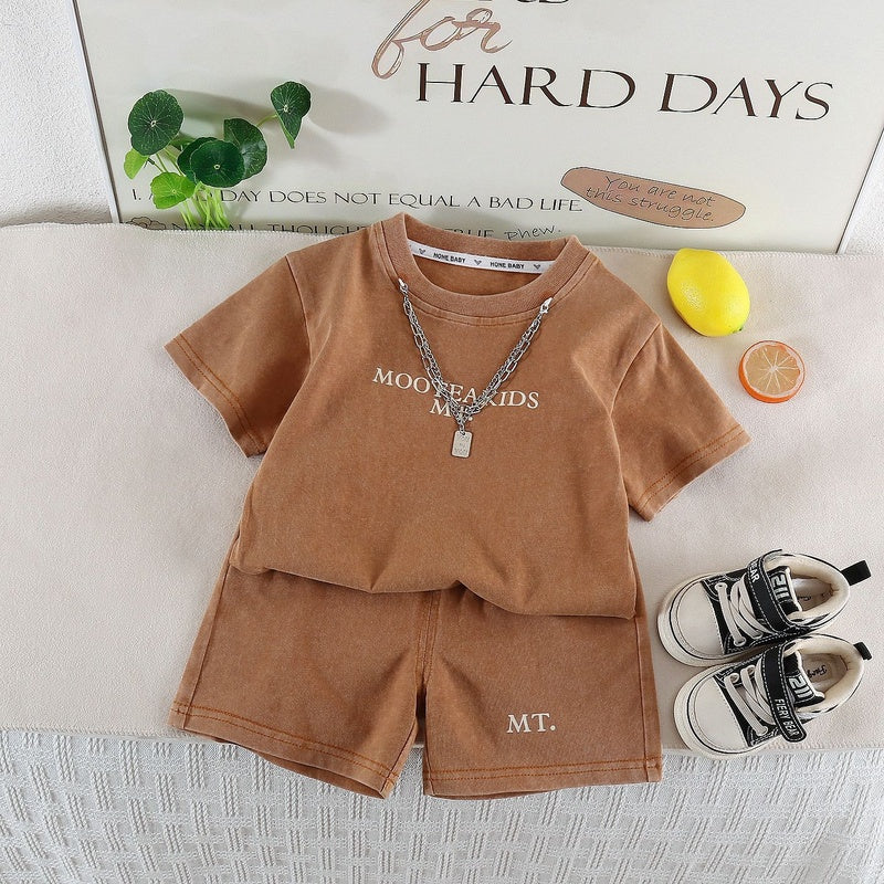 2026 New Children's Short-Sleeve Set for Boys, Baby Two-Piece Outfit with Chain Letter Design, Summer Casual Outing Clothes