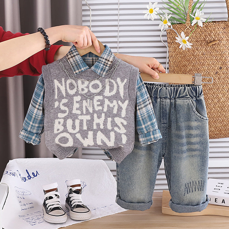 Baby clothes fashion Korean style full-body letter sweater three-piece set for one-year-old boys, trendy spring and autumn outfit