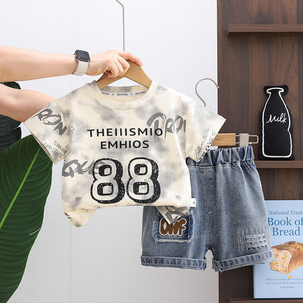 Boys' Outfit 2026 New Style Infant Children's Clothing Summer Cute Tie-Dye Digital Pattern Clothes for Baby Boys Trendy