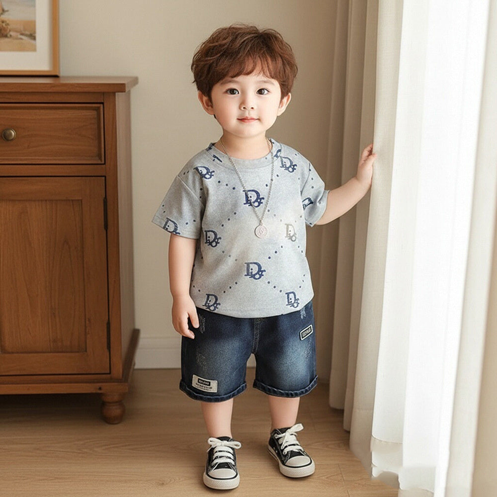 Boys' Outfit 2026 New Fashionable Toddler Summer Outfit, Round Neck Letter Print Short Sleeve Thin Clothing for Little Boys