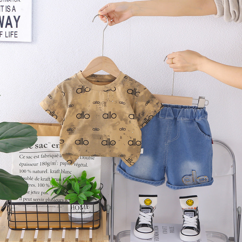 Boys' Summer Outfit 2026 New Stylish and Cool Baby Children's Round Neck Short Sleeve Two-Piece Set Thin Trendy Clothes