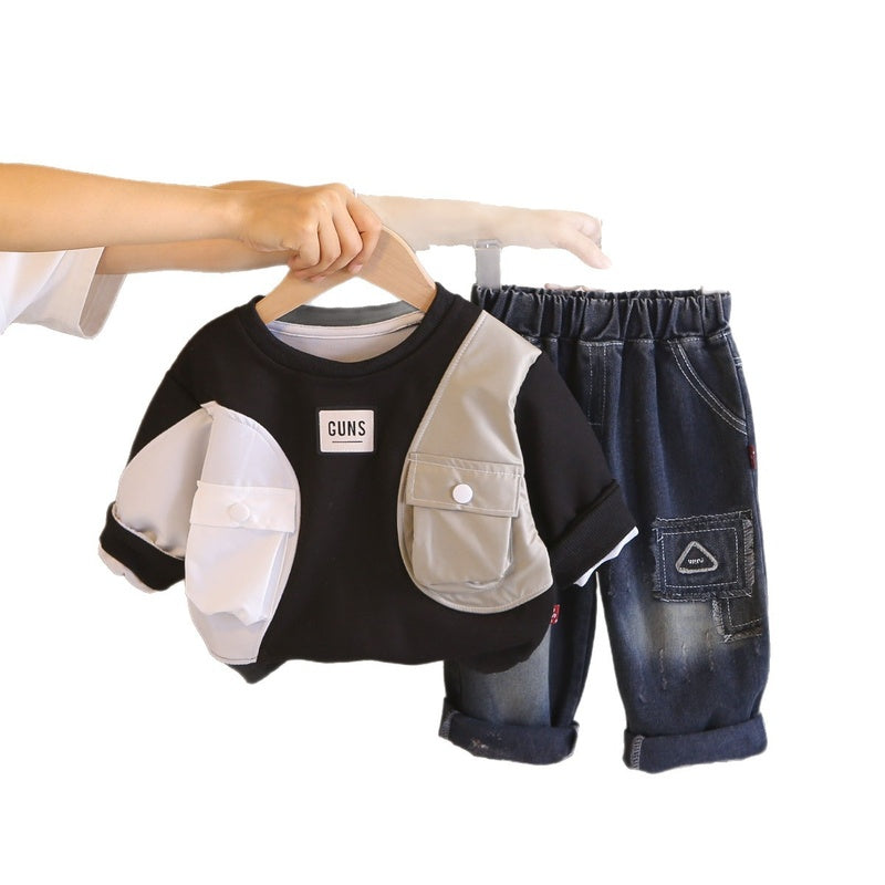 Boys' Outfit Children's Two-Color Pocket Sweatshirt 2026 New Style 1 to 3 Years Old Baby Spring and Autumn Two-Piece Set for Boys