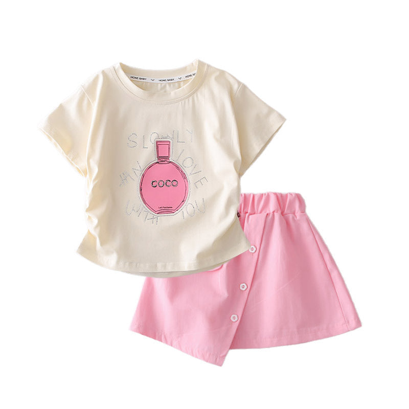 2026 New Summer Fashionable Korean Style Baby Girl Outfit with Rhinestones, Stylish Sleeve Short Skirt Two-Piece Set