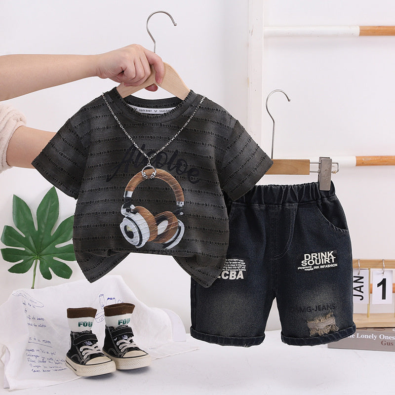 Children's 2026 New Style Boys' Casual Chain Earphone Short Sleeve Clothes Baby Summer Fashion Outfit