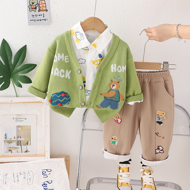 Boy Autumn Outfit Bear Cardigan Three-Piece Set 2024 New Style 1-2-3 Years Old Toddler Clothing Baby Trend