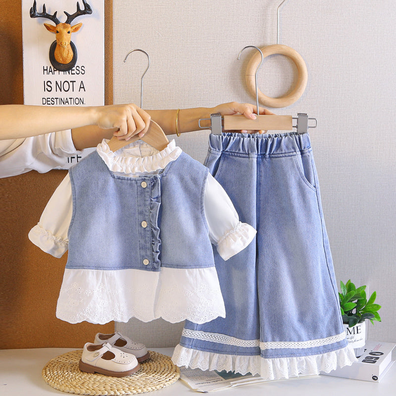 Girls' Outfit 2026 New Fashionable Spring and Autumn Pants, Baby Girl Denim Skirt, Long Sleeve Three-Piece Set