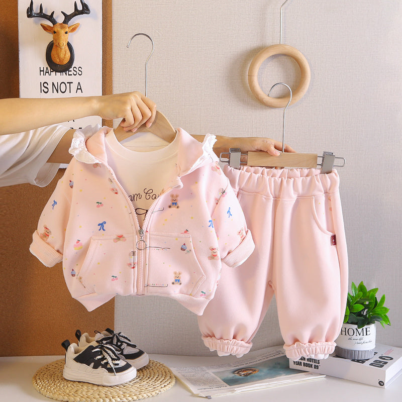 Girls' outfit with all-over bunny print jacket, stylish children's spring and wear, Korean-style casual three-piece set for baby girls in autumn