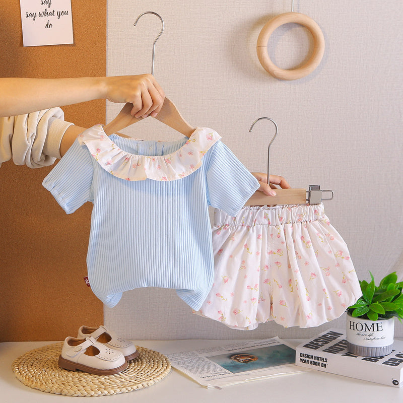 Girls' summer thin outfit, children's clothing in solid color with floral collar, short-sleeved clothes, stylish two-piece set for baby girls