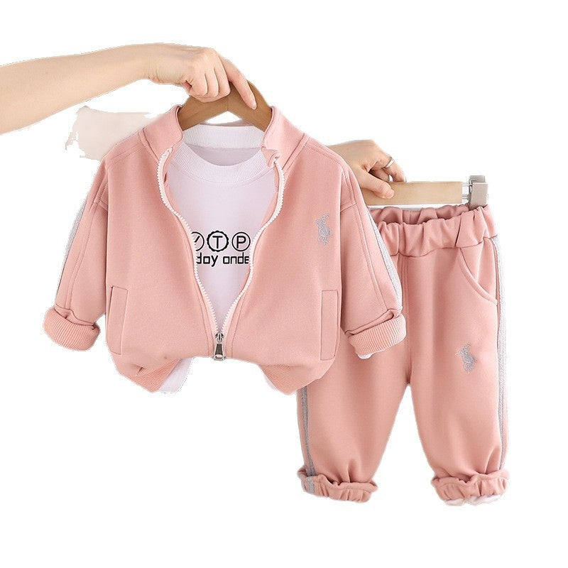 Boys' and Autumn Outfit 2026 New Style Baby Spring Embroidered Jacket Three-Piece Set Stylish Children's Clothing for Ages 1-5