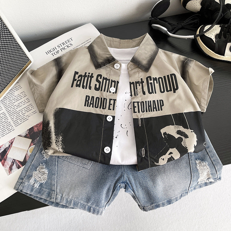 Outfit Children's Summer 2026 New Style Boys' Shadow Print Shirt Three-Piece Set Baby Short-Sleeve Clothes Trendy