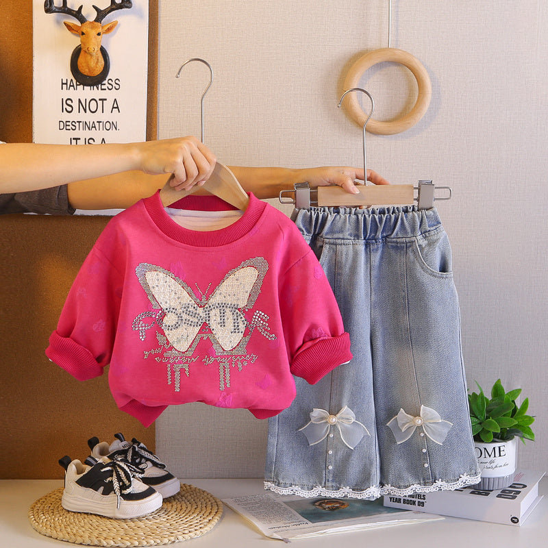 Girls' Outfit Autumn 2026 New Fashionable Children's with Sparkling Rhinestones and Large Bow, Long Sleeve Baby Girl Spring Two-Piece Set Trendy