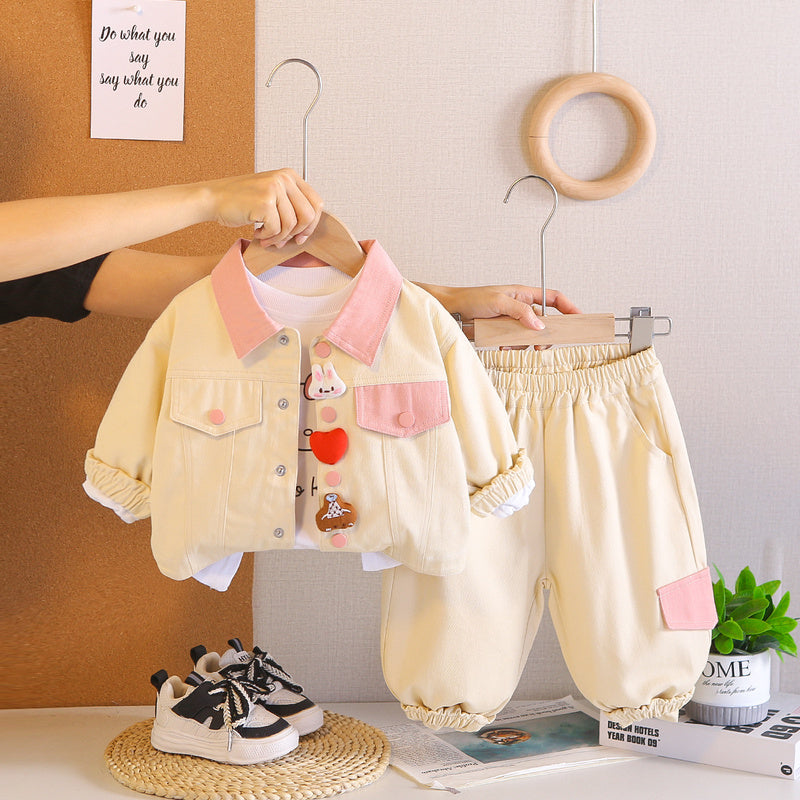 2026 New Spring Autumn Girls' Fashionable and Cute Workwear Jacket Long Sleeve Three-Piece Set for 0-5 Year Olds, Trendy from Manufacturer 3