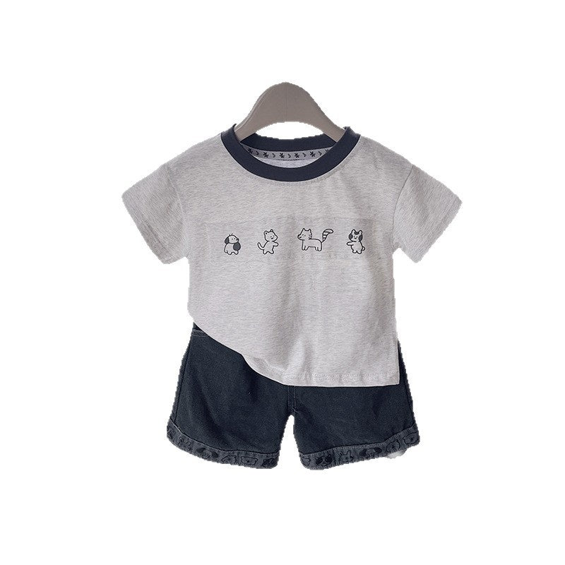 Boys' Solid Color Puppy Print Short Sleeve Set New Children's Round Neck Cool and Stylish Baby Summer Two-Piece Outfit