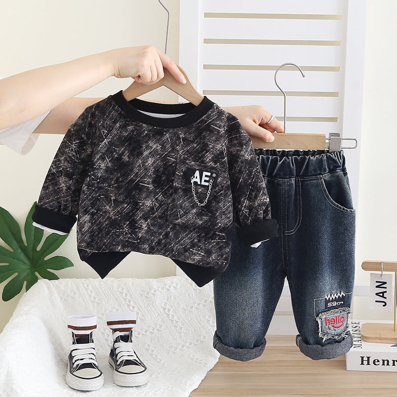 Spring New Children's Clothing Korean Style Boys' Sweatshirt and Jeans Two-Piece Set Toddler Autumn Outfit