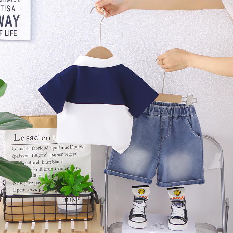 Boys' Summer Outfit: Stylish Color-Block Embroidered Collar Short-Sleeve Clothes, 2026 New Fashionable Baby Children's Two-Piece Set