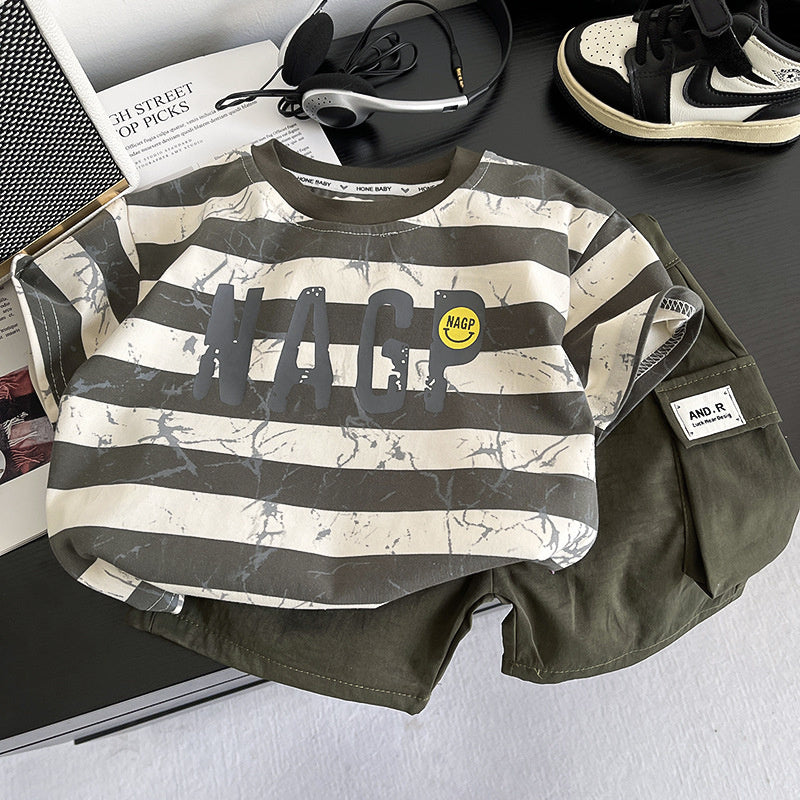 Boys' Outfit 2026 New Stylish Striped Smiley Face Short Sleeve Two-Piece Set Baby Summer Clothes Trendy Children's Wear