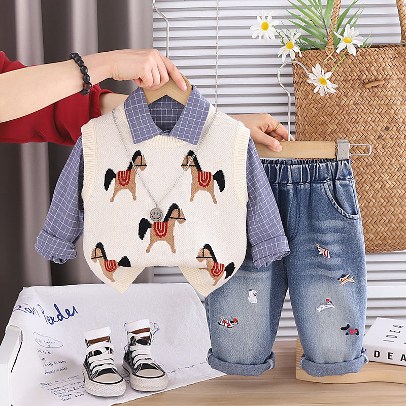 Baby Boy Outfit Set 2026 New Cartoon Pony Three-Piece Suit for Boys, Stylish Spring and Autumn Children's Clothing