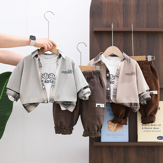 Boys' Spring and Autumn Outfit 2026 New Children's Smiley Face Plaid Patchwork Three-Piece Set Casual Clothes for Boys