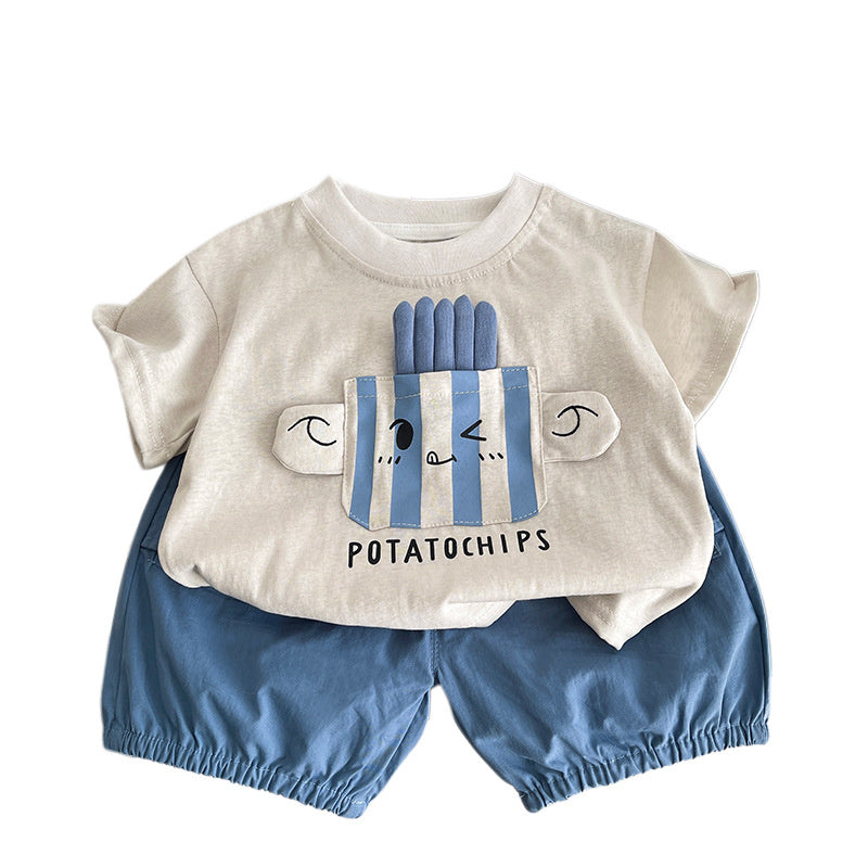 New stylish outfit for boys 2026, baby short-sleeve clothing, children's summer casual round-neck two-piece set, trendy