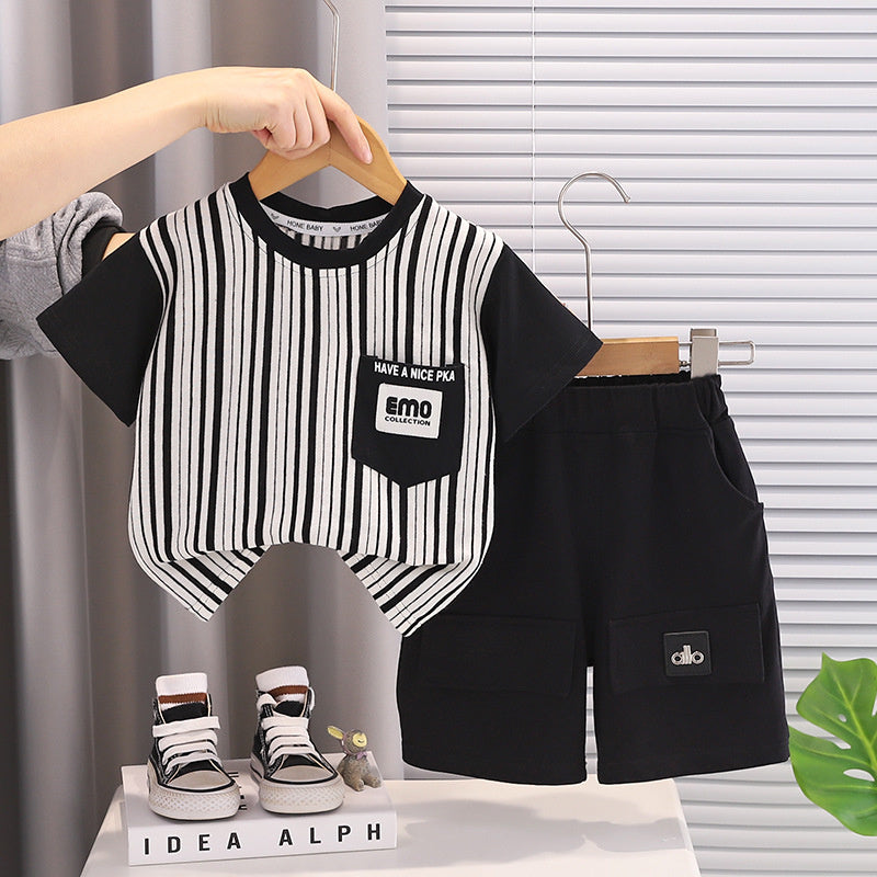 Boys' Outfit 2026 New Style Infant Children's Summer Vertical Stripe Letter Pocket Short Sleeve Two-Piece Set Baby Fashion